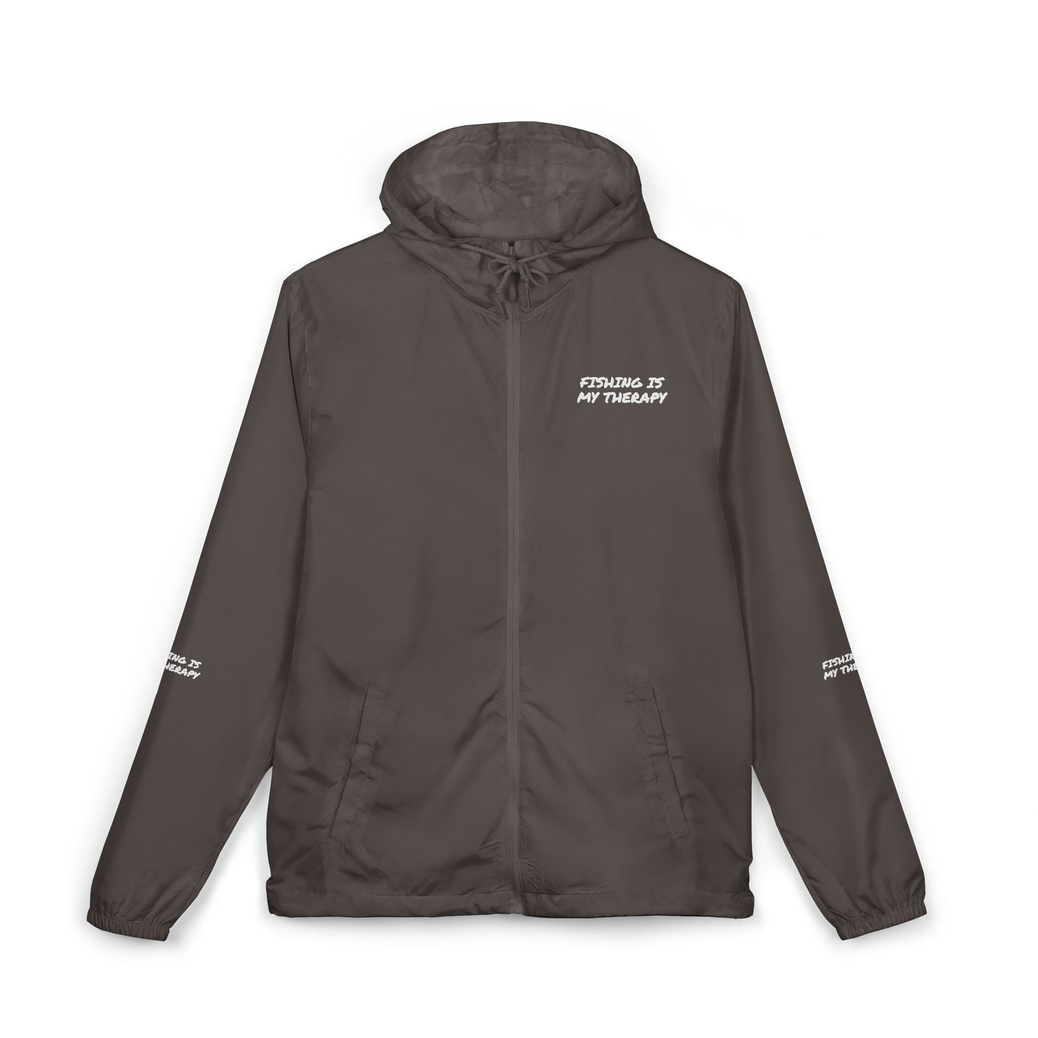 Windbreaker Jacket — Subtle White Camo Hooded Zip-Up (Text on Back)
