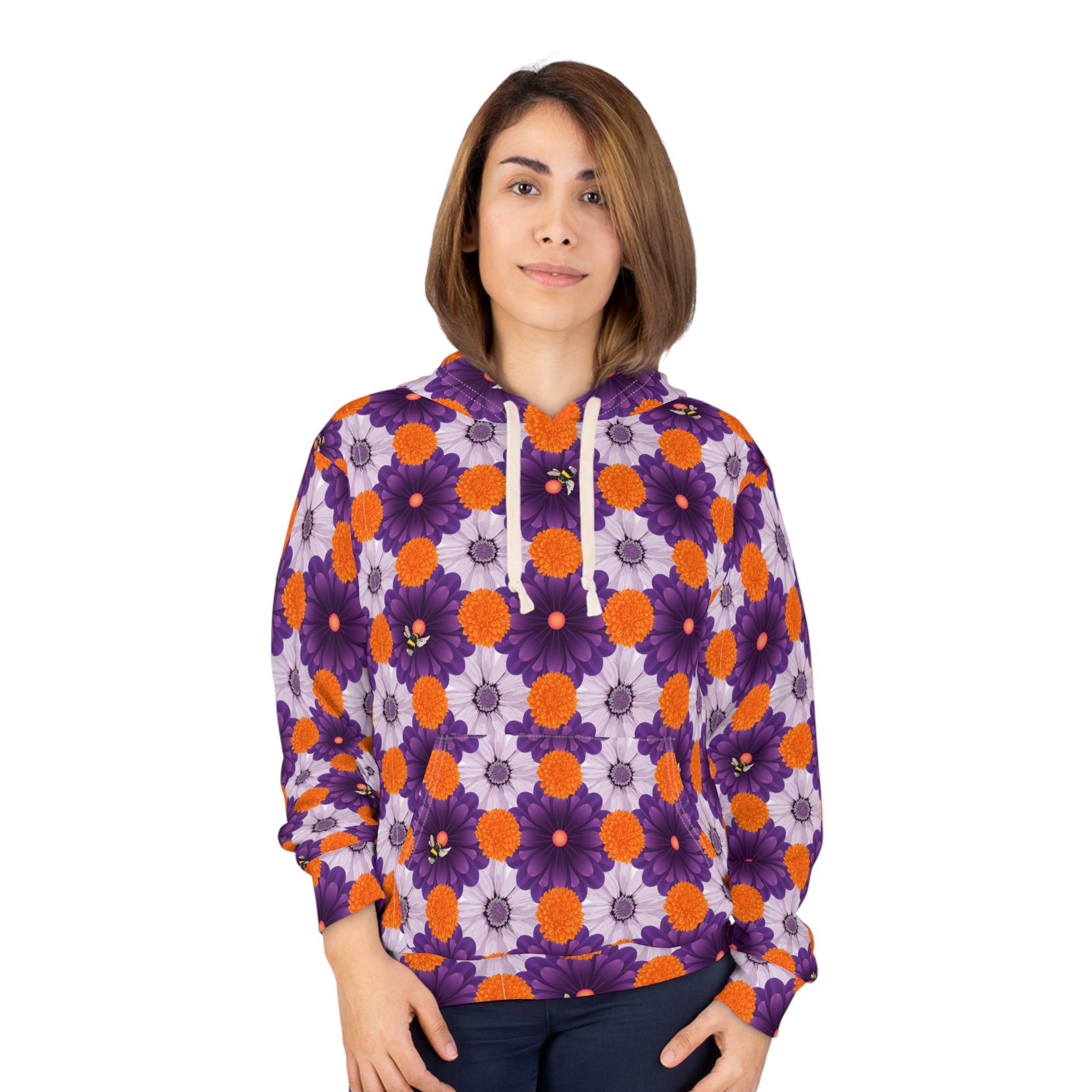 Purple & Orange Floral Hoodie — All-Over Print Cozy Pullover