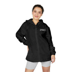 Windbreaker Jacket — Subtle White Camo Hooded Zip-Up (Text on Back)
