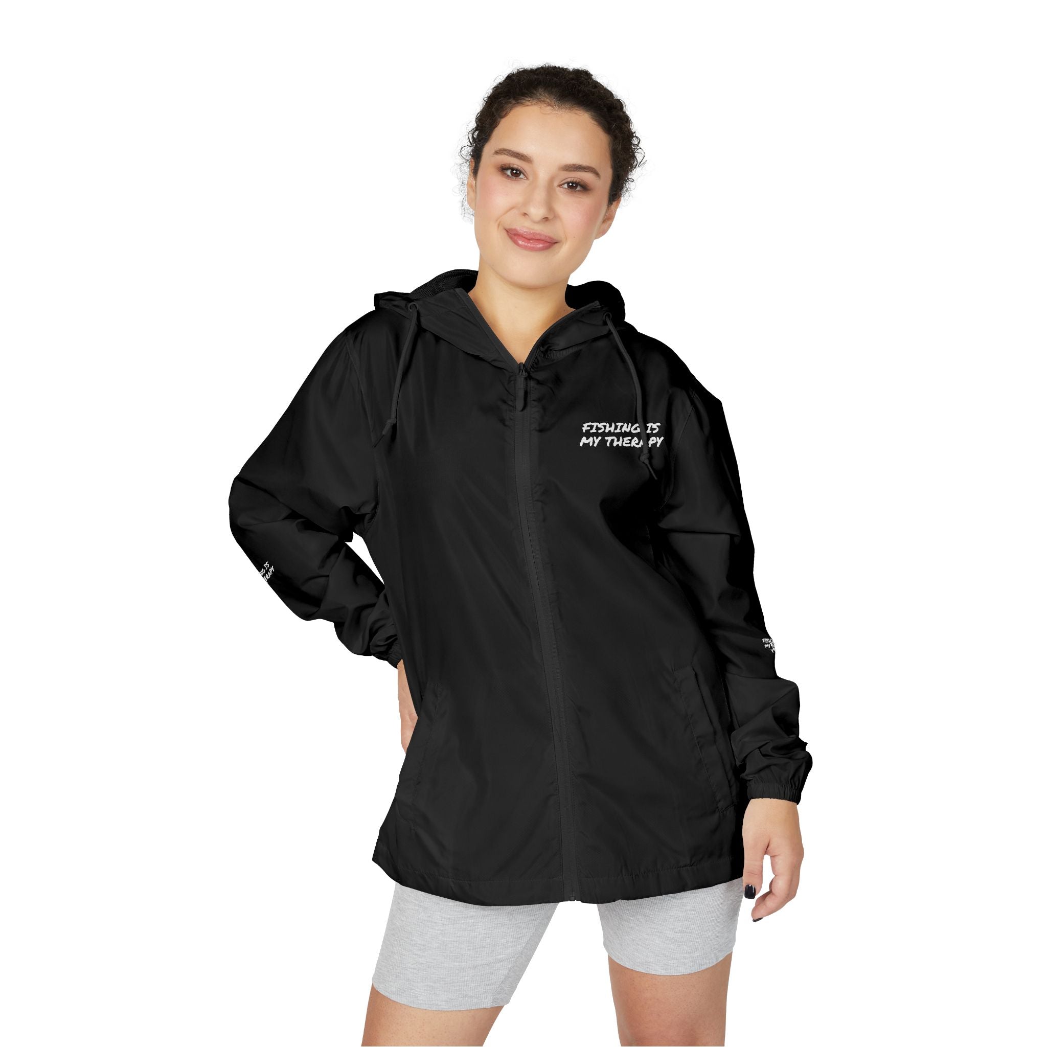 Windbreaker Jacket — Subtle White Camo Hooded Zip-Up (Text on Back)