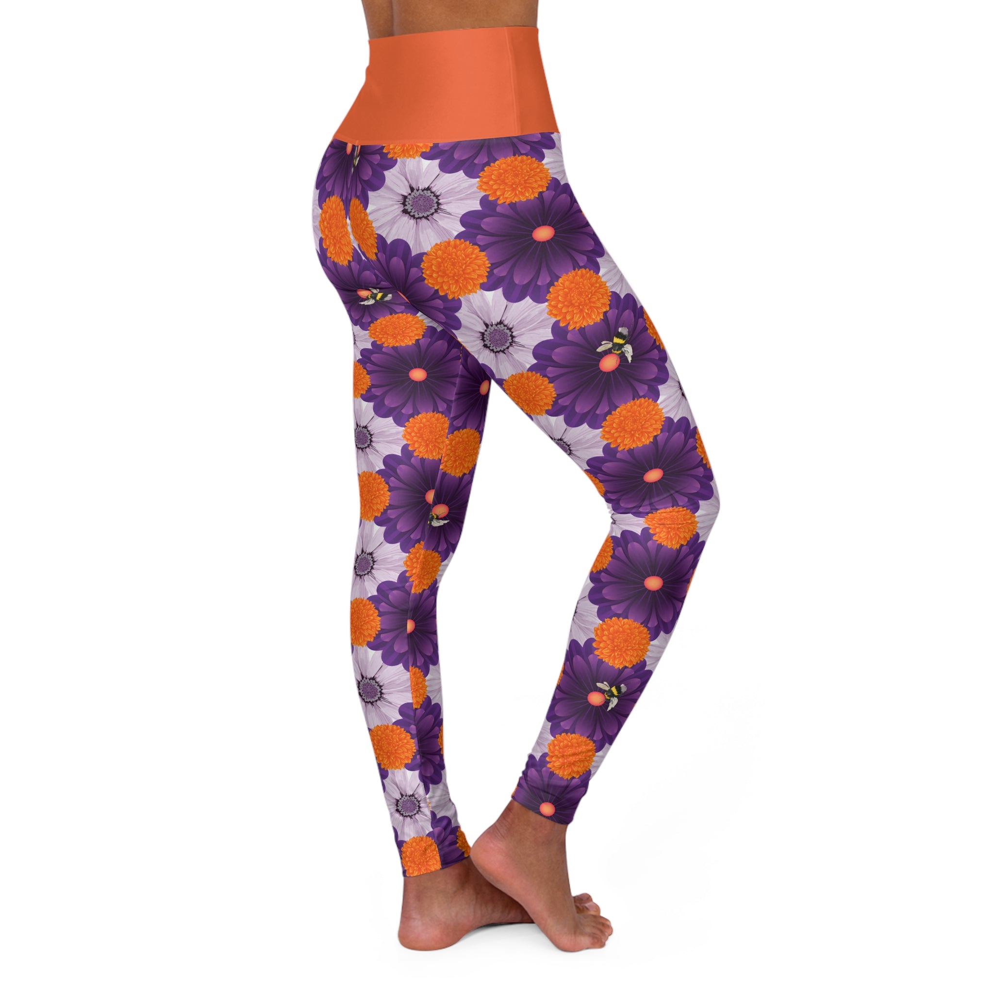 High-Waist Floral Yoga Leggings — Purple & Orange Daisy Print