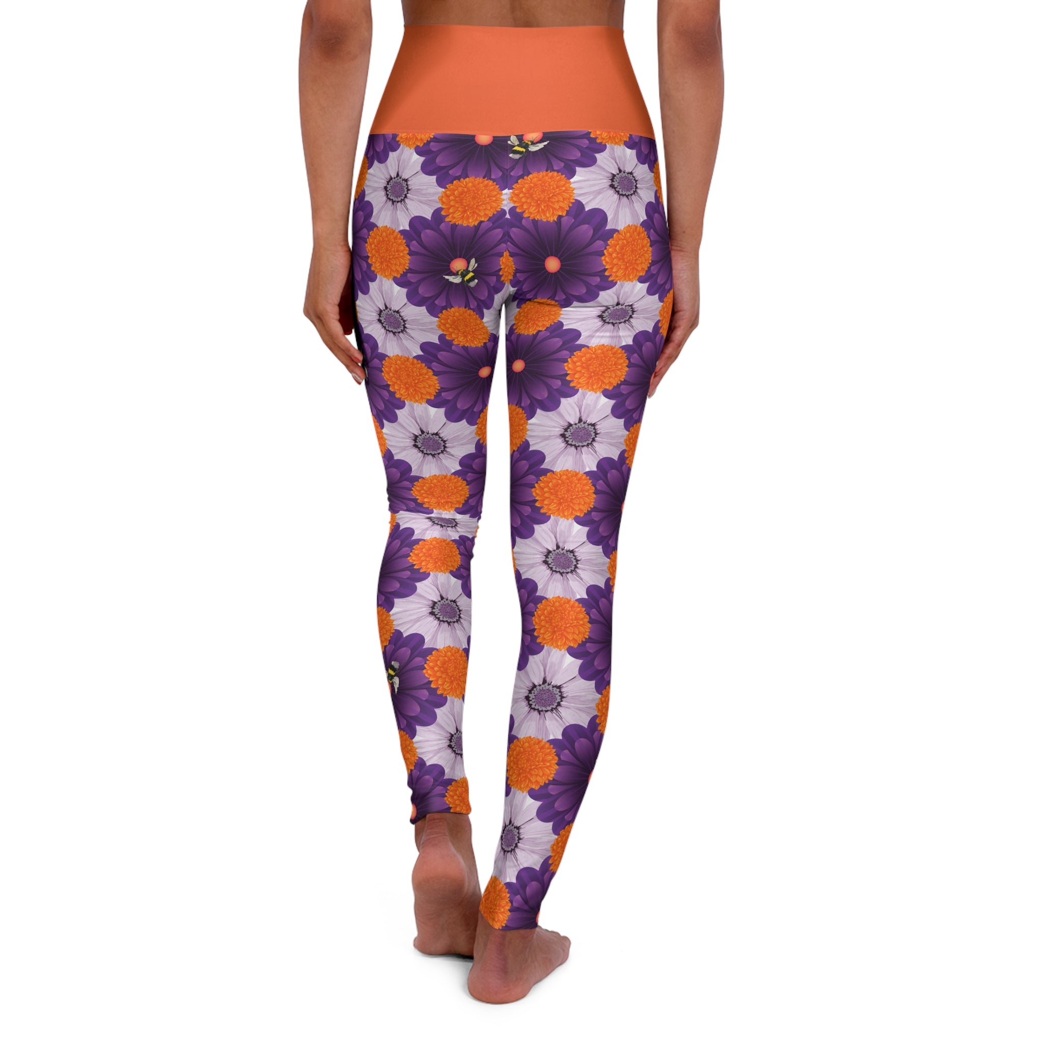 High-Waist Floral Yoga Leggings — Purple & Orange Daisy Print
