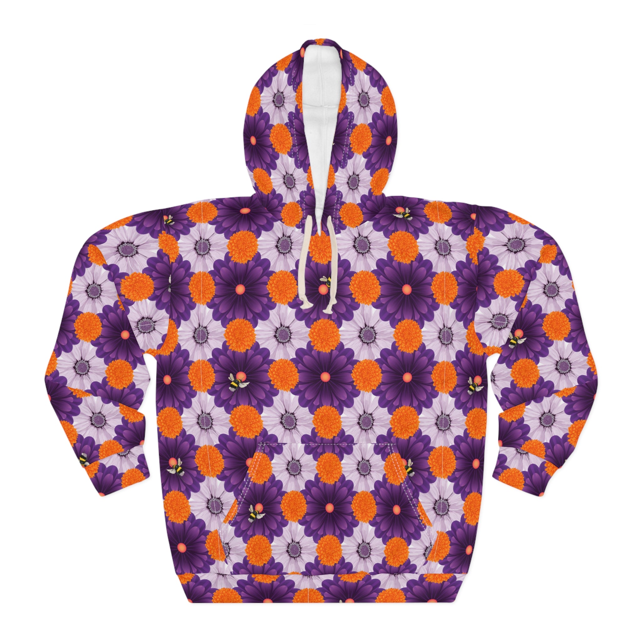 Purple & Orange Floral Hoodie — All-Over Print Cozy Pullover