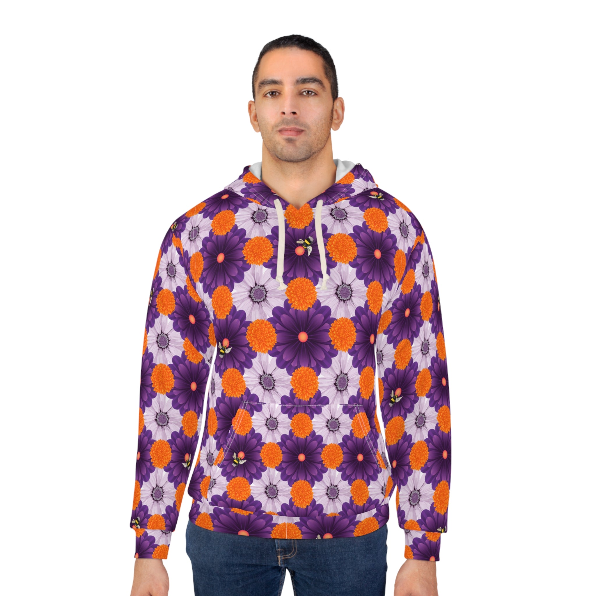 Purple & Orange Floral Hoodie — All-Over Print Cozy Pullover