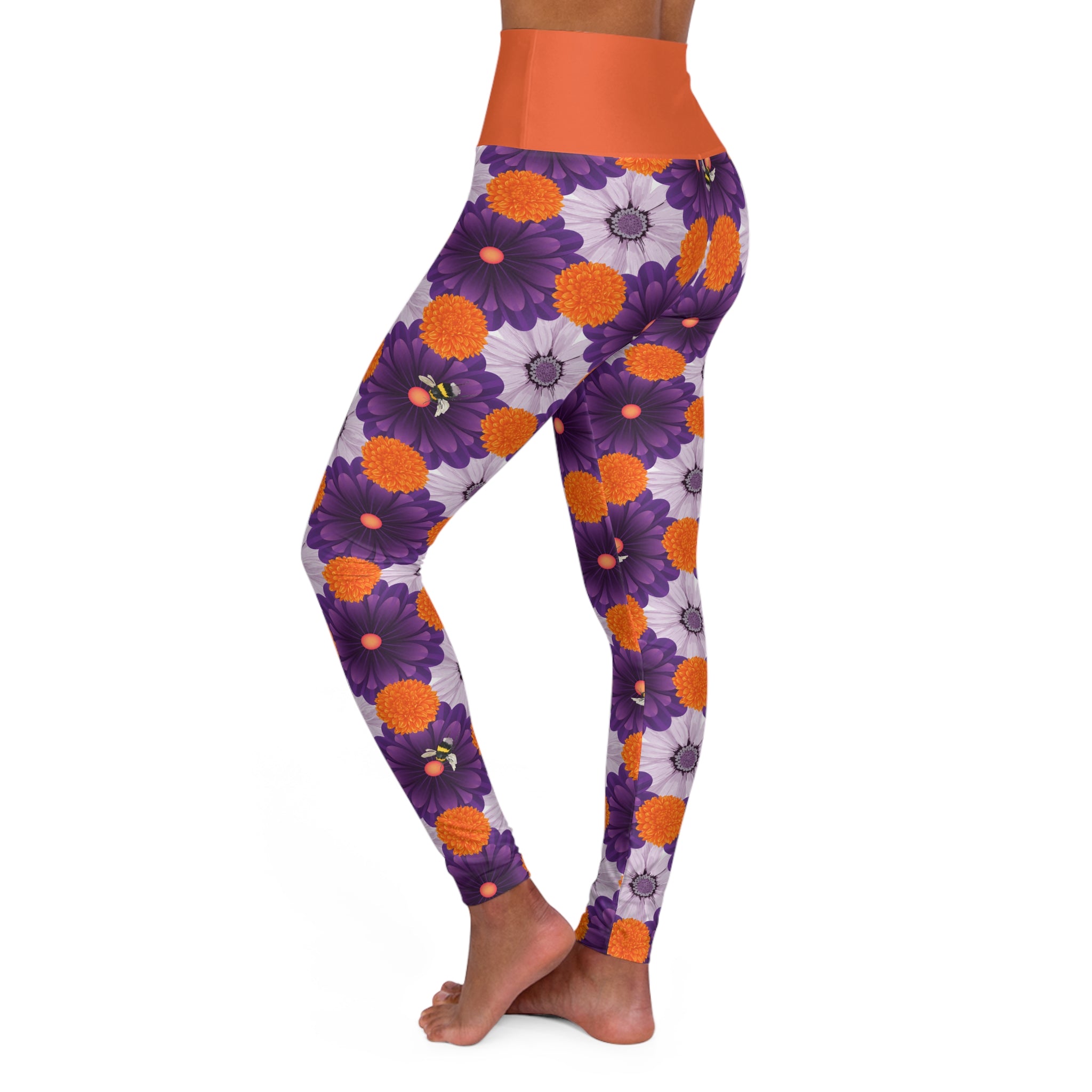 High-Waist Floral Yoga Leggings — Purple & Orange Daisy Print